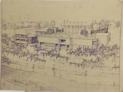 Working Sketch for the Hunter Museum Fence: Architect's Blueline with Ink Drawing of Fence by artist