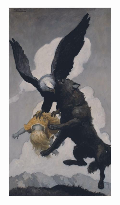 "Just as the baby's feet cleared the ground Padfoot leaped into the air and buried his teeth into the feathers of his old enemy" (Illustration from Grace of the Dim Strain)